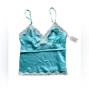 Gold Hawk Tiffany Aqua Silk Lace Camisole Ivory Trim Size M NWT